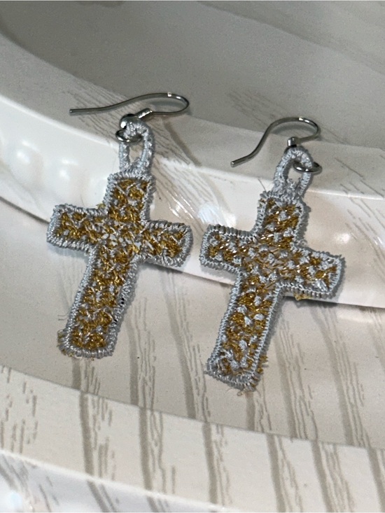 Jewelry - Cross Christian Jesus Cross Dangle Earrings - Gold and White Cross Design NEW